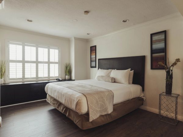 A cozy bedroom with a neatly made bed, framed art, plants, and a window letting in natural light.
