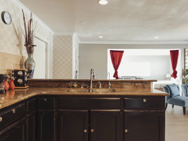 A modern kitchen with dark cabinets, a vase with tall branches, and a sink. In the background, a cozy living area with red curtains.