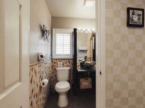 The image shows a small bathroom with a toilet, sink, mirror, and wall decor, featuring checkered wallpaper and a framed picture.
