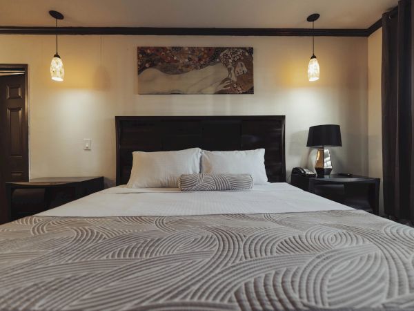 A neatly made bed with patterned bedding and two pillows, bedside tables, lamps, and a painting above the headboard in a cozy room.