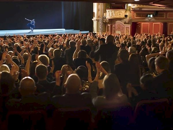 An audience gives a standing ovation in a theater, applauding a performer on stage.