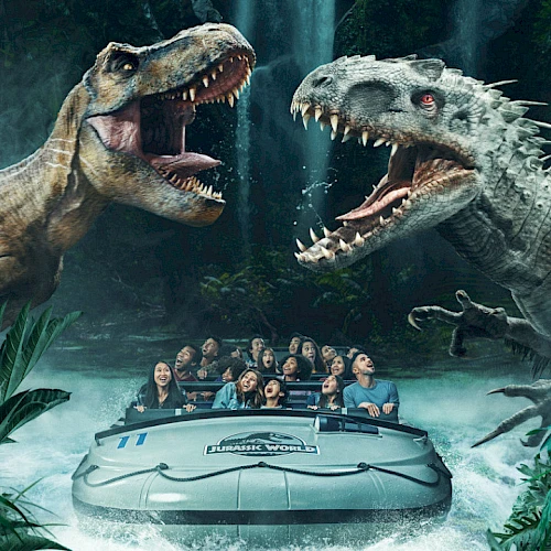 Two dinosaurs face off near a river raft filled with people at a theme park, creating an exciting and thrilling scene.