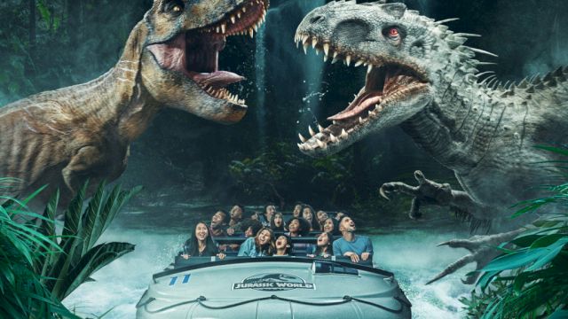 Two dinosaurs face off near a river raft filled with people at a theme park, creating an exciting and thrilling scene.