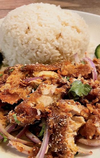 A close-up of a plate of food with rice, meat, onions, and herbs.